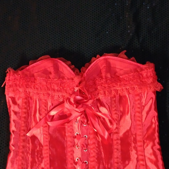 Lace Ruffled Very Red Satin Corset With Bows, Lace Up Back & Side Zipper (M) - Picture 8 of 16